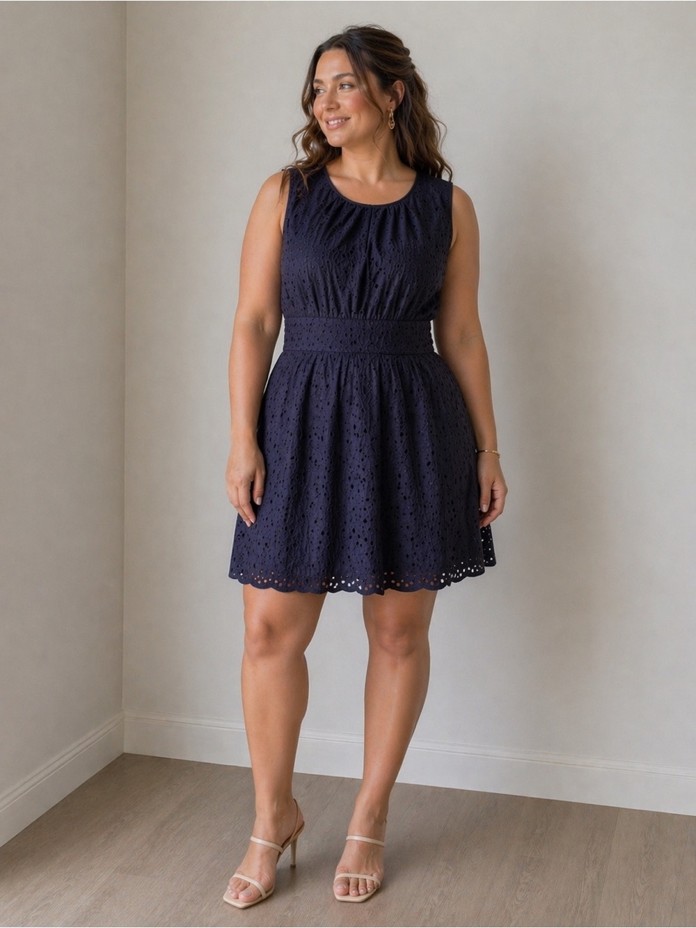 Sleeveless Navy Eyelet Midi Dress — Classic A-Line